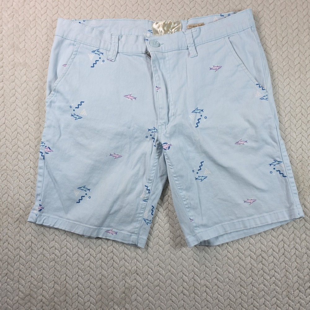 Raw Yarn Industries Mens 32 Light Blue Shark Print Stretch Twill Shorts Casual